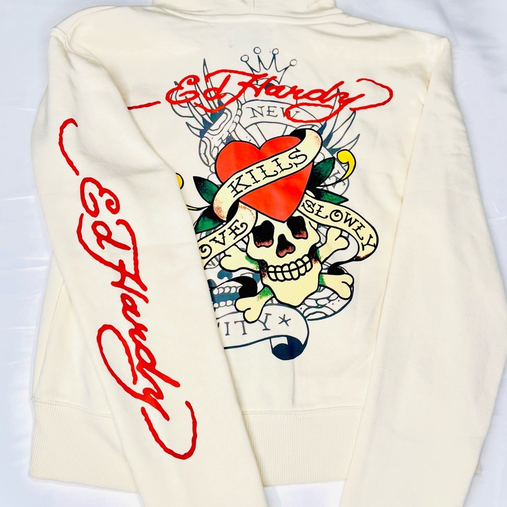 Ed Hardy Cream Hoodie with Red Script - Picture 2 of 2